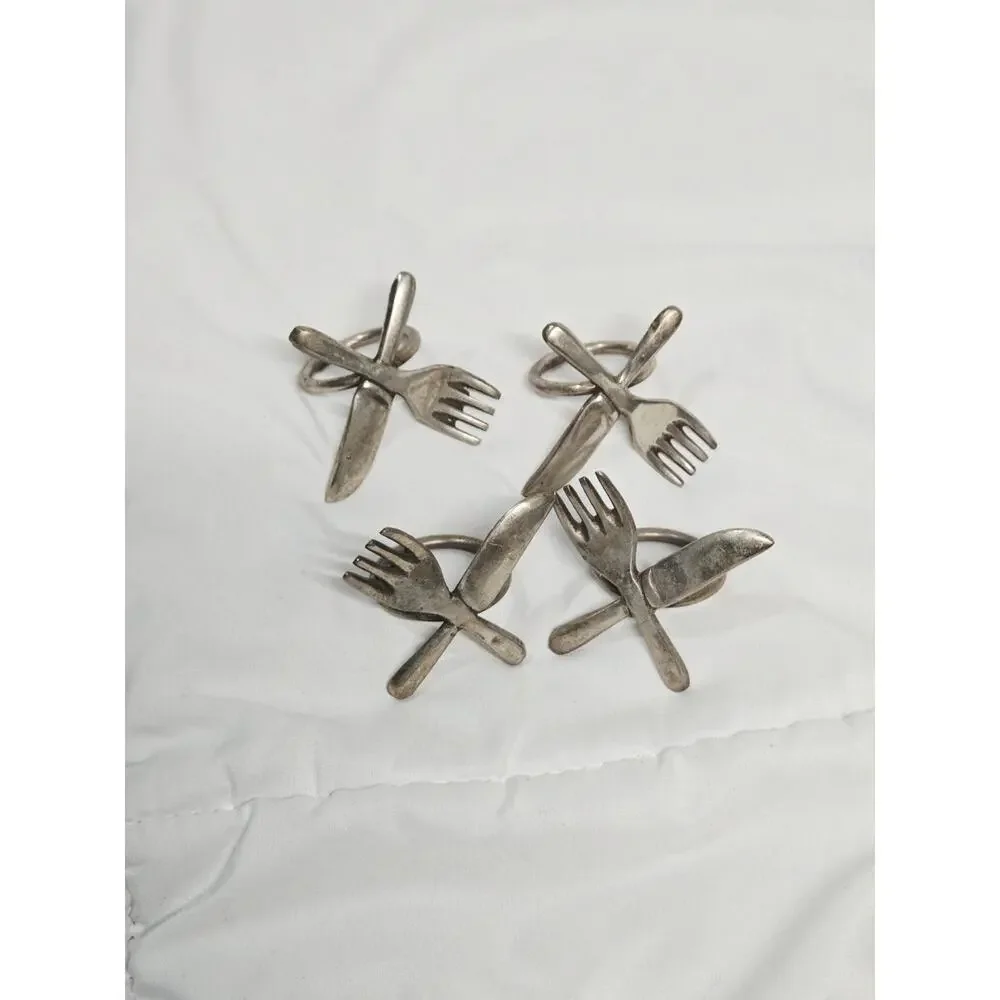 Set of 4 Silver Plated Knife and Fork Napkin Rings Vtg Art Decor Brass Antique
